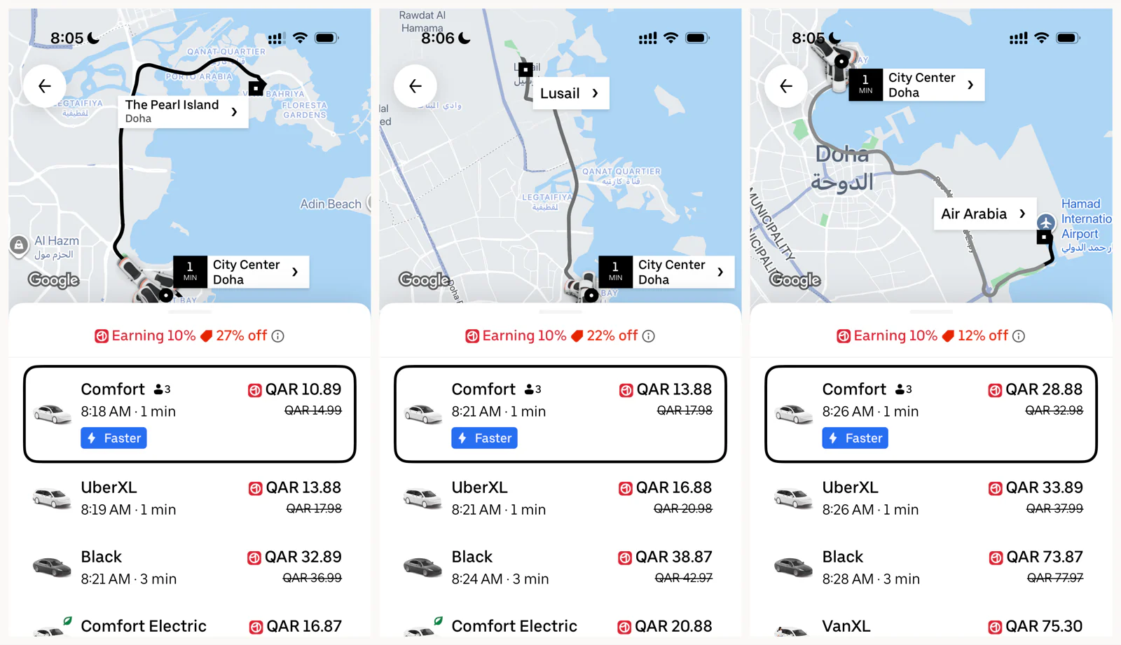 Trois écrans de l'application Uber côte à côte : West Bay vers The Pearl à 10,89 rials, vers Lusail à 13,88 rials, vers l'aéroport Hamad à 28,88 rials, chacun avec une prise en charge annoncée à une minute