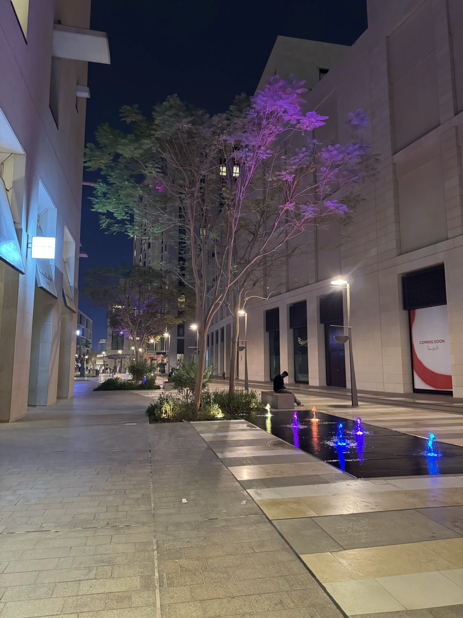 Une rue de Msheireb la nuit, un arbre éclairé en violet et des lumières colorées au sol