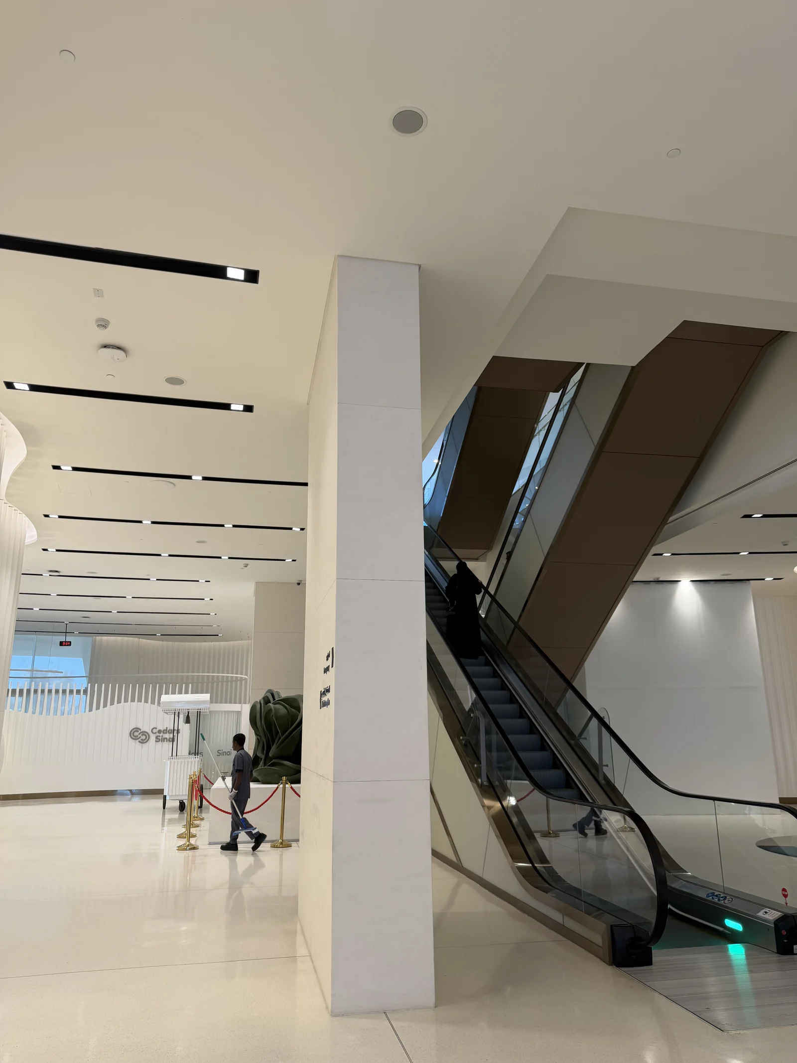 Les escalators de l'atrium, sous un plafond à éclairage linéaire