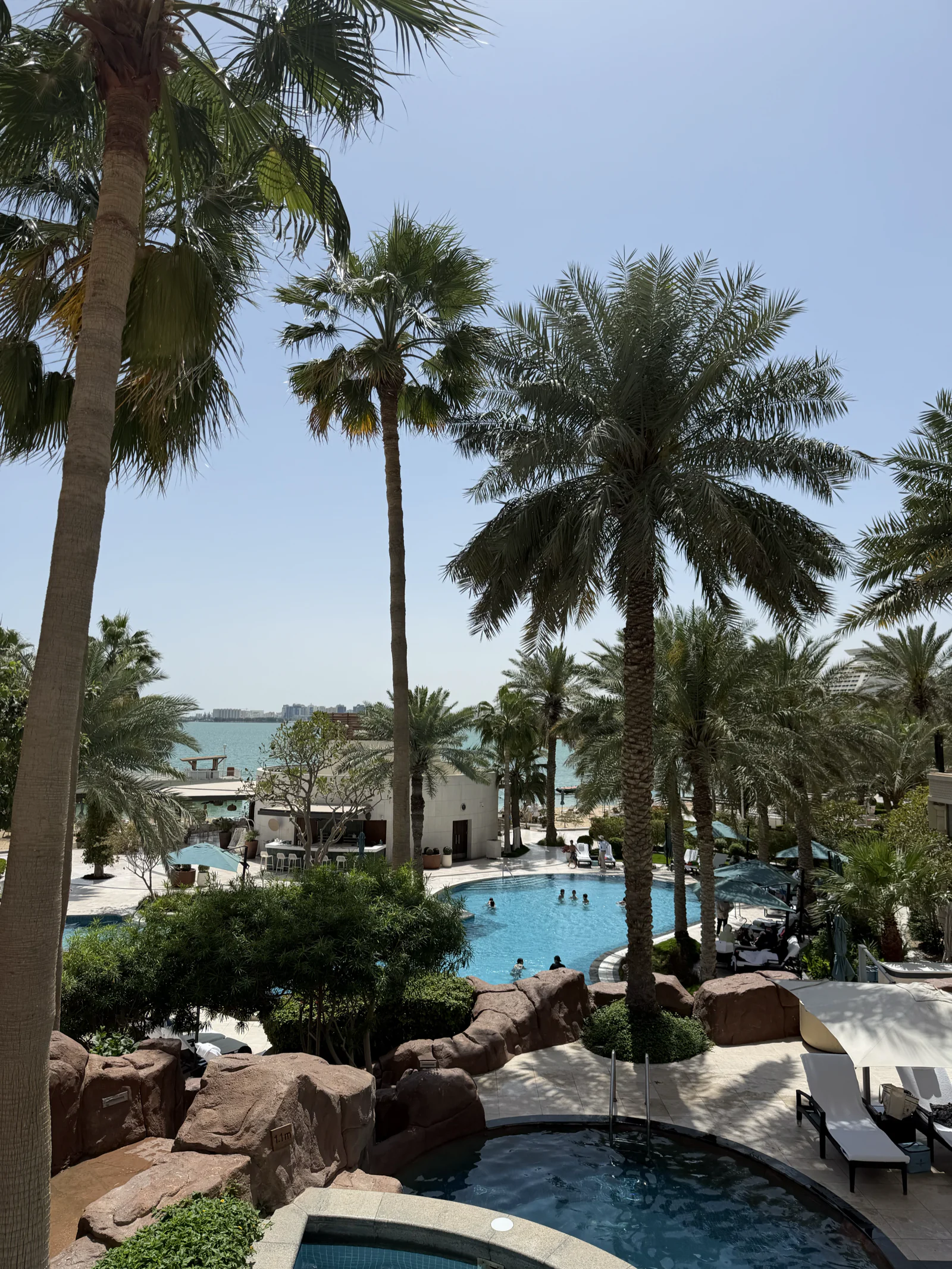 Piscine et palmiers en bord de mer à West Bay, vue depuis une résidence